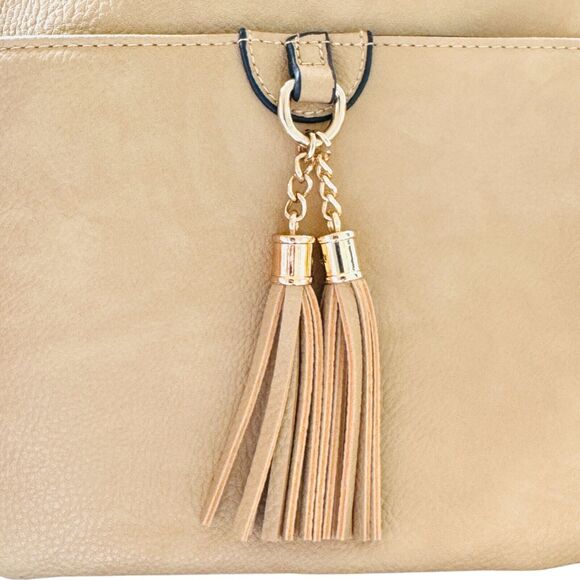 Slim Pebbled Vegan Leather Crossbody Bag Tan Tassels Adjustable Strap 9" x 9" - Picture 3 of 10